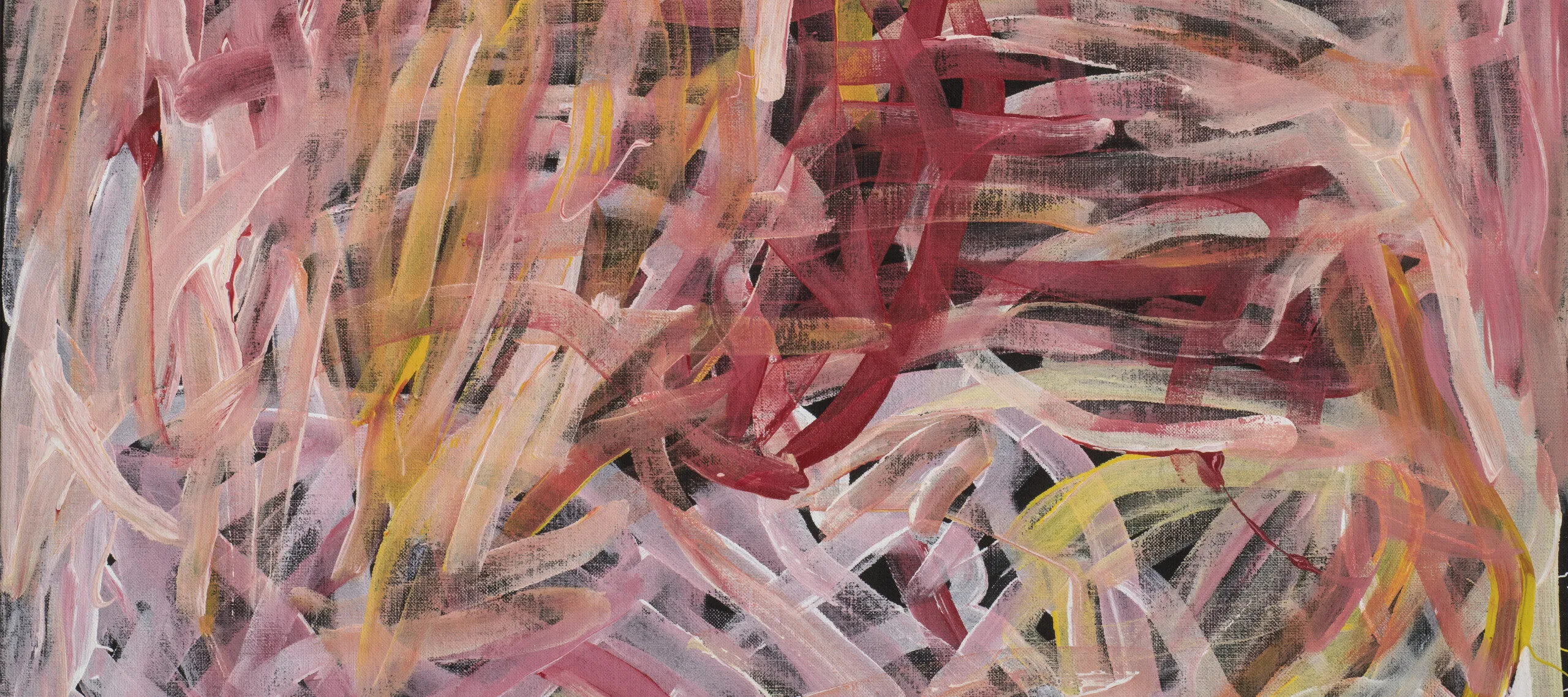 Abstract painting of long, layered brushstrokes in shades of red, pink, orange and white, laid over a black background. The brushstrokes intersect, weave together, and overlap, creating a frenzied web of lines.