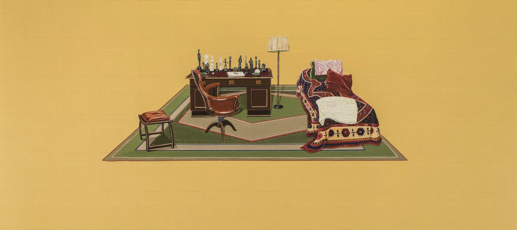 In the middle of a mustard yellow canvas is a small painting of a wooden desk and brown chair. On the desk are various small figurines. A floor lamp and small bed are to the right. The bed is covered with pillows and an ornately designed comforter.