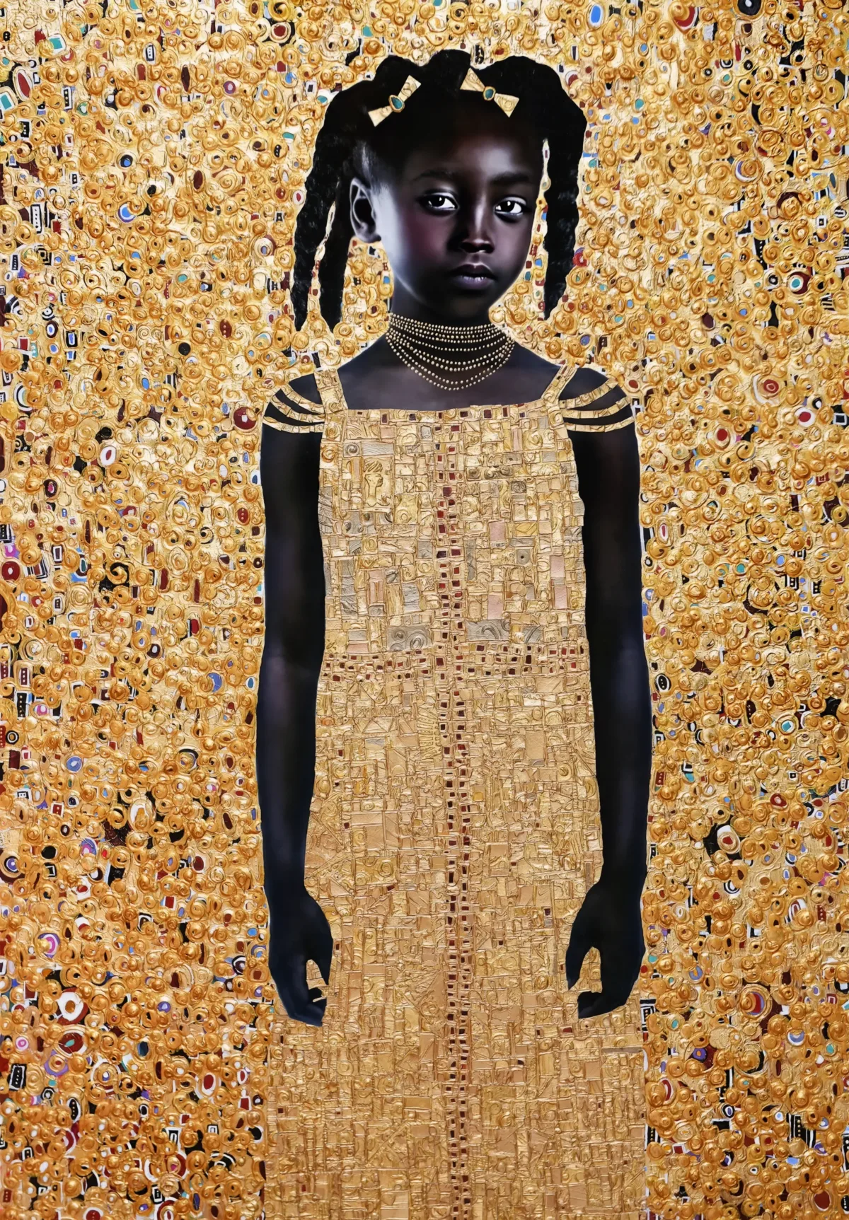 In a mixed-media artwork, a dark-skinned girl with pigtails wears a gold sleeveless dress and stands against a gold background.