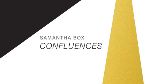 The cover of "Samantha Box: Confluences" with a black and gold geometric design on top of a white background.