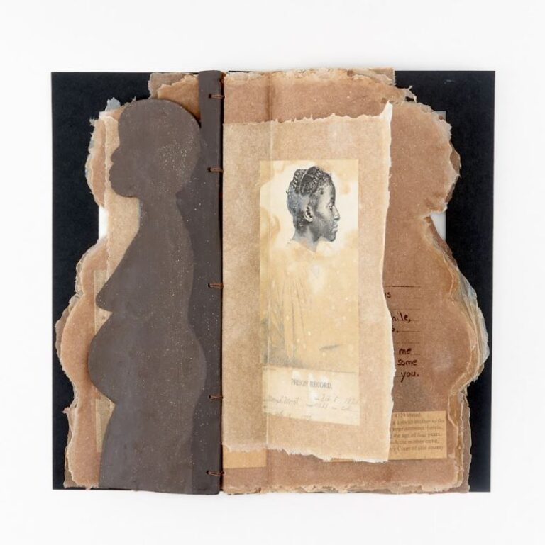 A mixed media artwork featuring a sepia-toned portrait of a woman in profile on aged paper, layered with torn edges. Beside it is a silhouette of a pregnant figure made of clay.