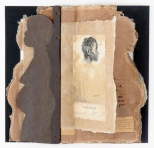 A mixed media artwork featuring a sepia-toned portrait of a woman in profile on aged paper, layered with torn edges. Beside it is a silhouette of a pregnant figure made of clay.