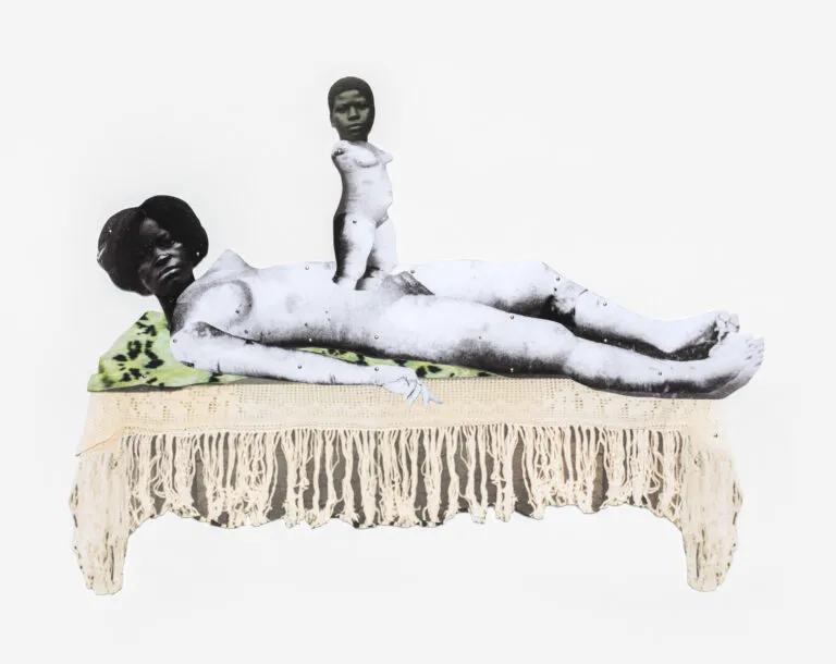 A black-and-white collage depicts a figure lying on a bed covered with a fringed blanket. A smaller figure is standing on the larger figure's torso. The collage combines grayscale cutouts against a plain white background.