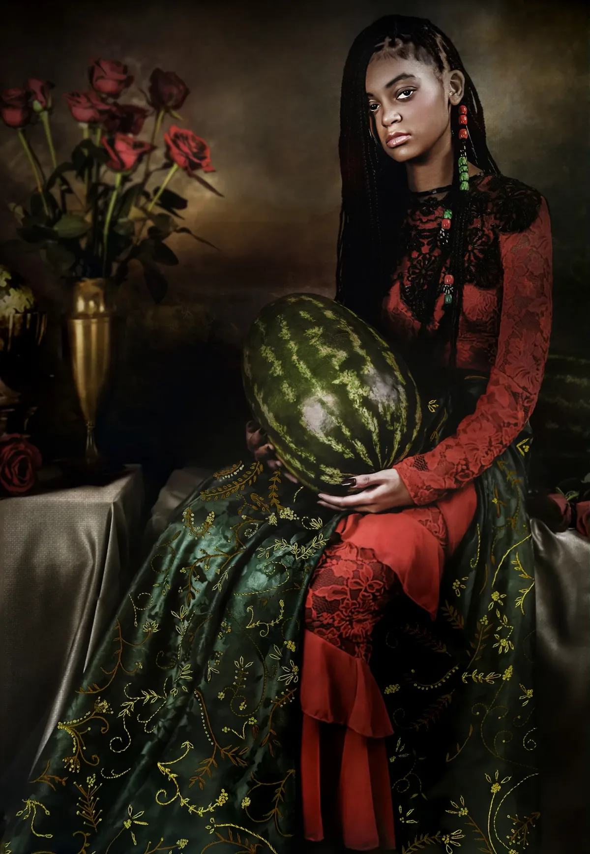 A seated girl with dark skin tone wears red and green and holds a watermelon. A vase of flowers is on a table to the left.