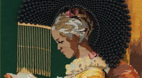 The cover of "Suchitra Mattai: Myth from Matter" with an image of a needlepoint depicting, in profile, a seated, young girl with medium skin tone and dark hair in a yellow dress reading a book. A halo of black beads surrounds her bowed head.