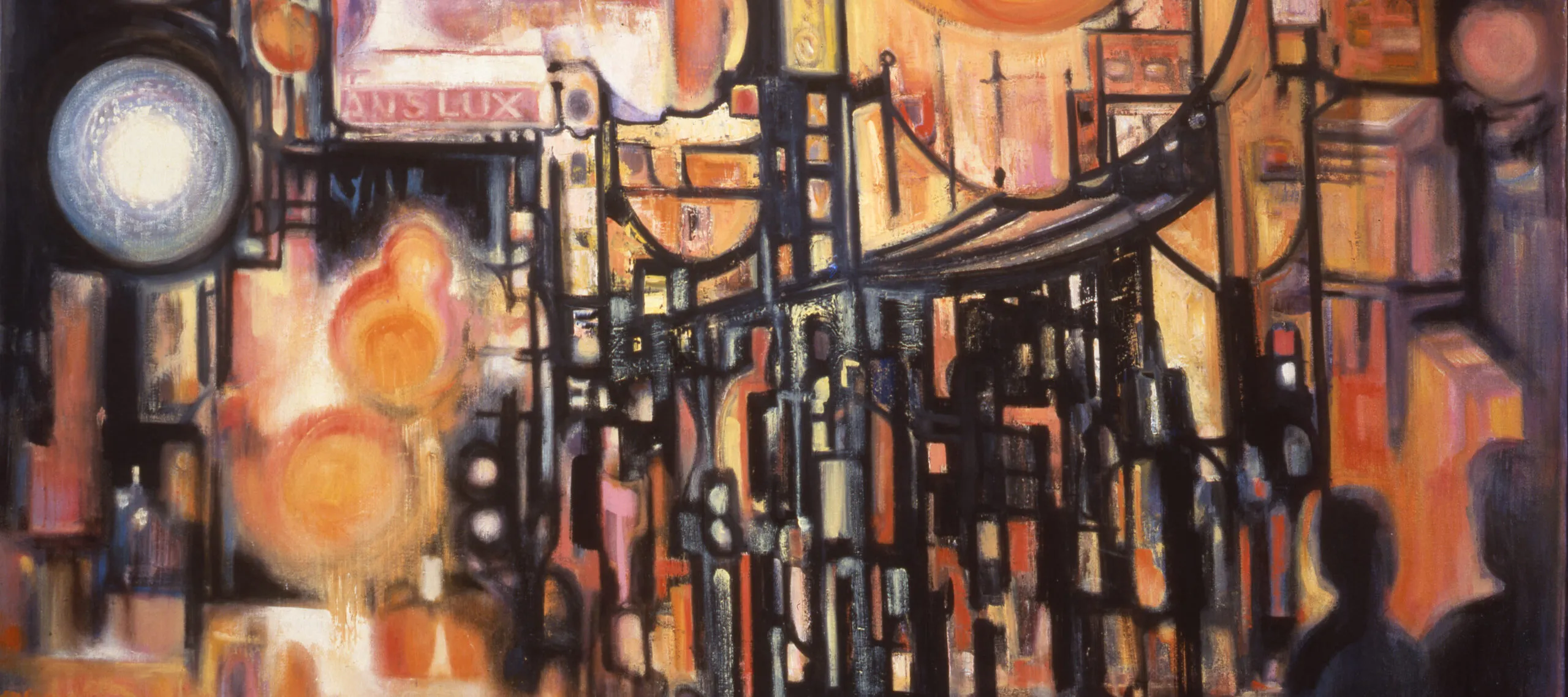 Heavy black lines along with circles and ovals rendered in hot hues of orange and yellow evoke urban architecture and the glare of streetlights in an abstract painting. Two shadowy figures occupy the lower right, and legible signs include “Translux,” “St. H NW,” and “Casino.”