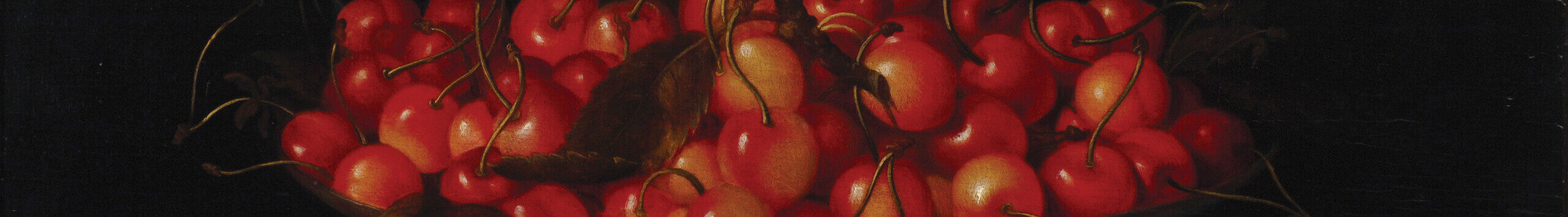 An opulent, footed silver bowl overflows with ripe cherries in front of a dramatic dark background. Additional fruits lie on the table below the bowl, and a butterfly flutters to one side.