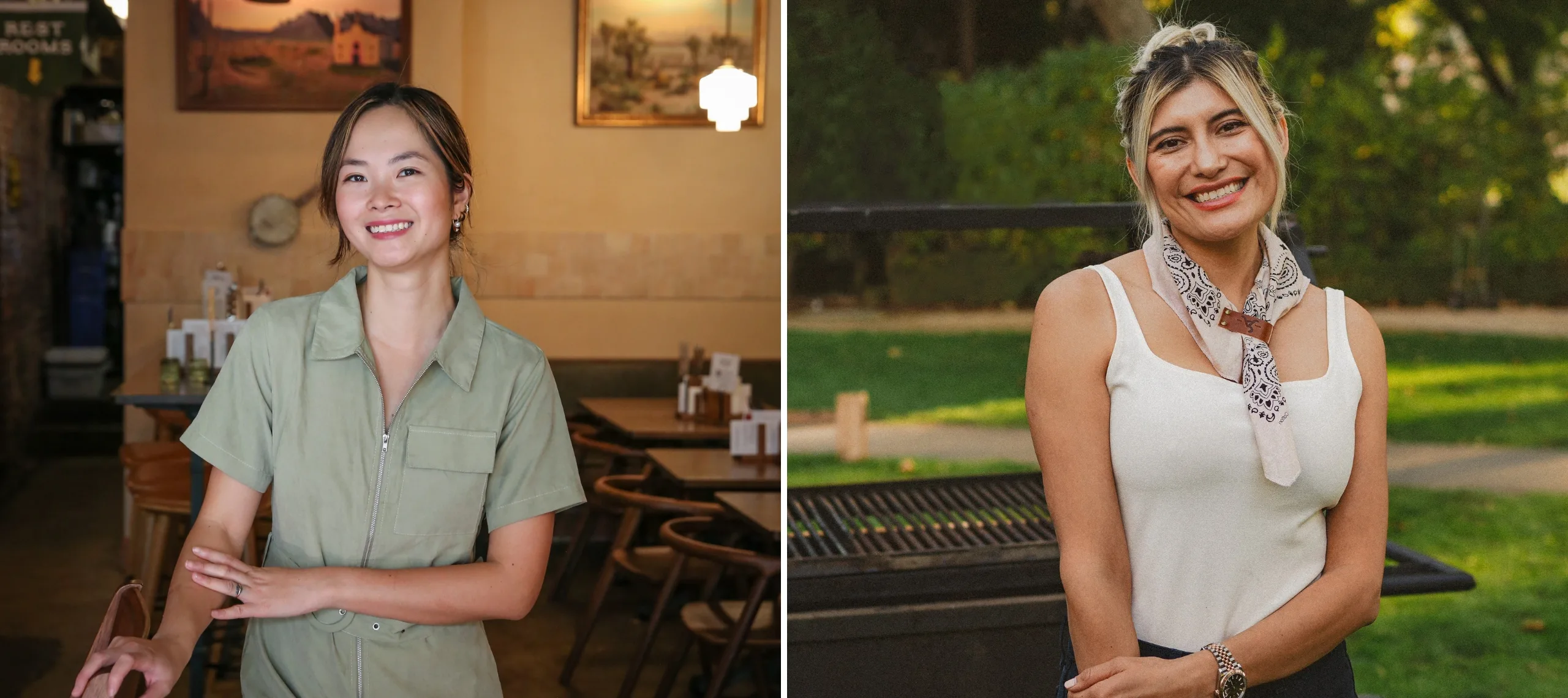 Two individuals are pictured in a split-frame image. The person on the left is a woman in a tan jump suit standing in an empty restaurant. The person on the right is a woman wearing a white tank top with a scarf tied around her neck, standing in front of a charcoal grill.