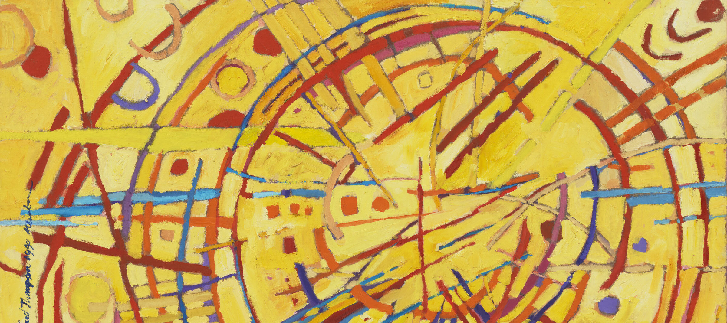 Abstract painting features a vivid yellow background covered by circles, daubs, and straight and wavy lines in red, orange, cobalt, sky blue, and violet. Arcing red strokes evoke concentric circles. Straight lines in other hues radiate out from the center circle like a starburst.
