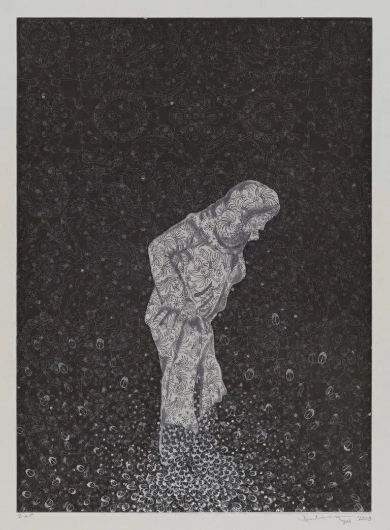 A woman's figure made of white and silver designs is contrasted against a black background. The woman's feet dissolve into a white circular pattern. The background has small intricate designs throughout.