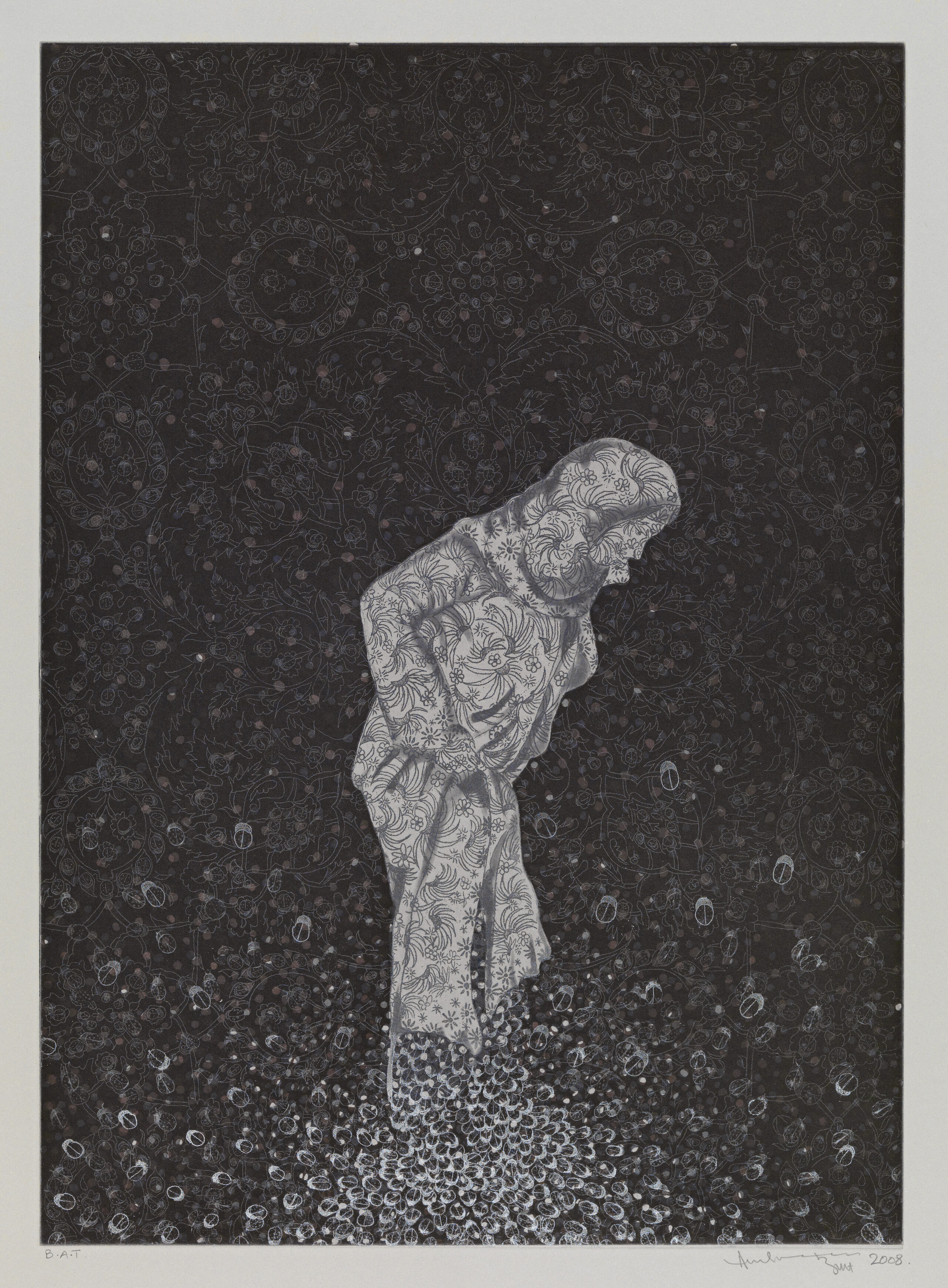 A woman's figure made of white-and-silver designs is contrasted against a black background. The woman's feet dissolve into a white circular pattern. The background has small intricate designs throughout.