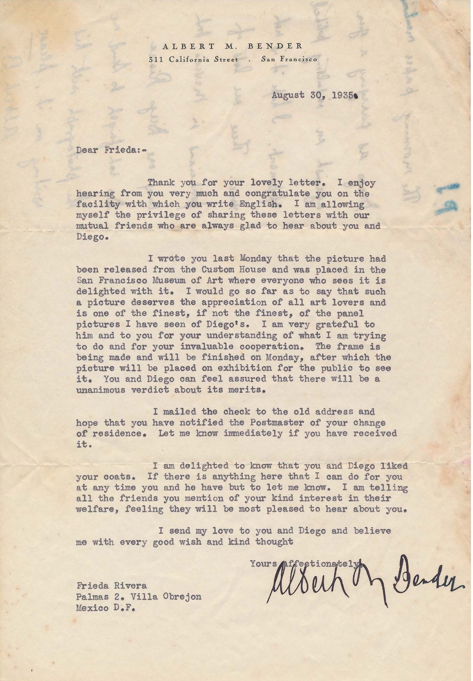 Letter from Albert M. Bender to Frida Kahlo, Aug 30, 1935 | National ...