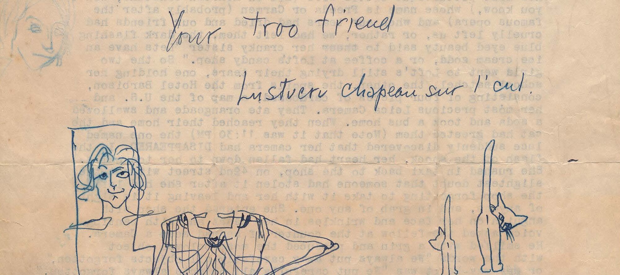 Handwritten note with drawings on yellowed paper.