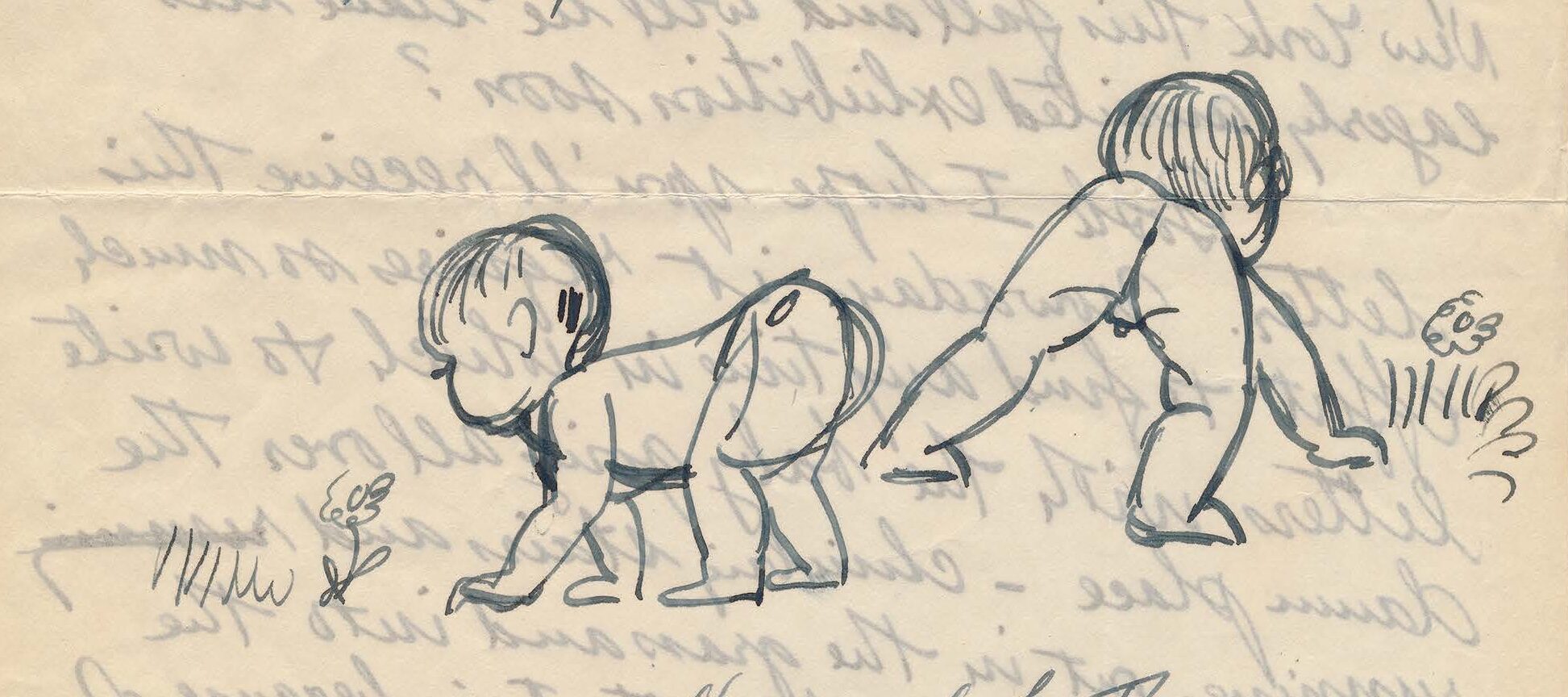 Handwritten letter on yellowed paper with drawings.