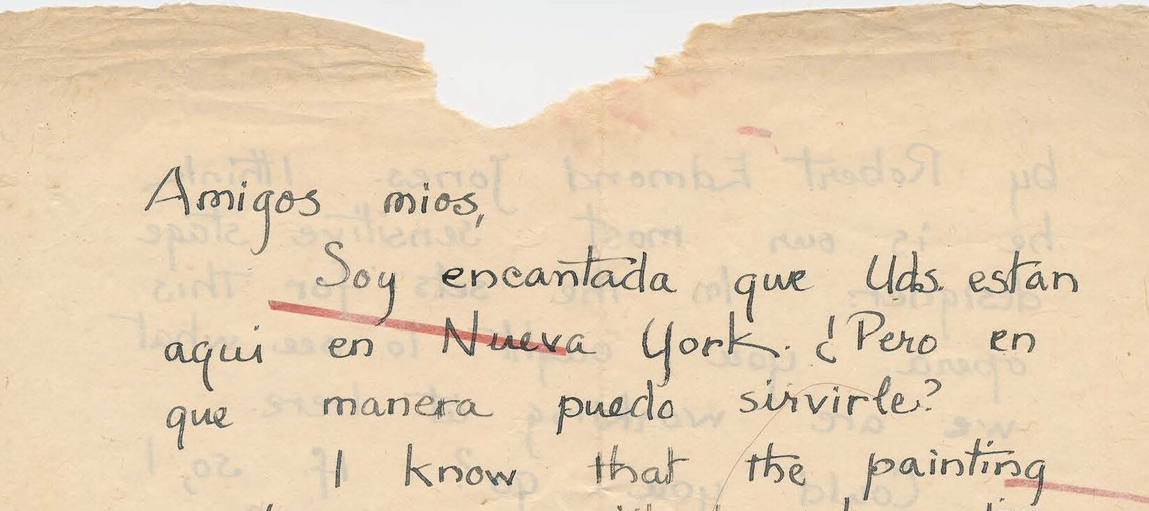 Handwritten letter on yellowed paper with red marks throughout the page.