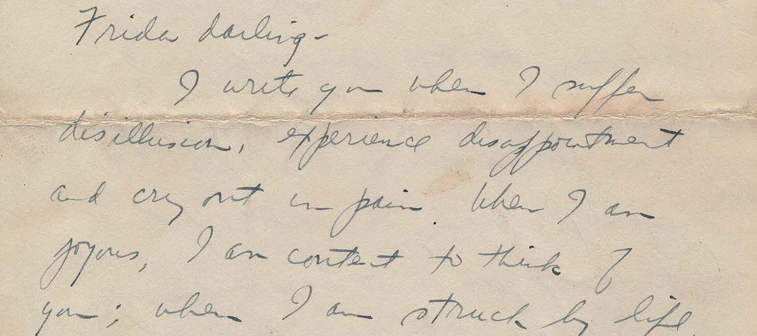 Page one of a handwritten letter on yellowed paper with a personalized letterhead.