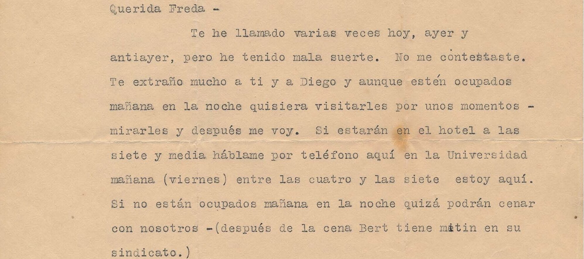 Typewritten letter on yellowed stationery paper with handwritten address at the bottom.