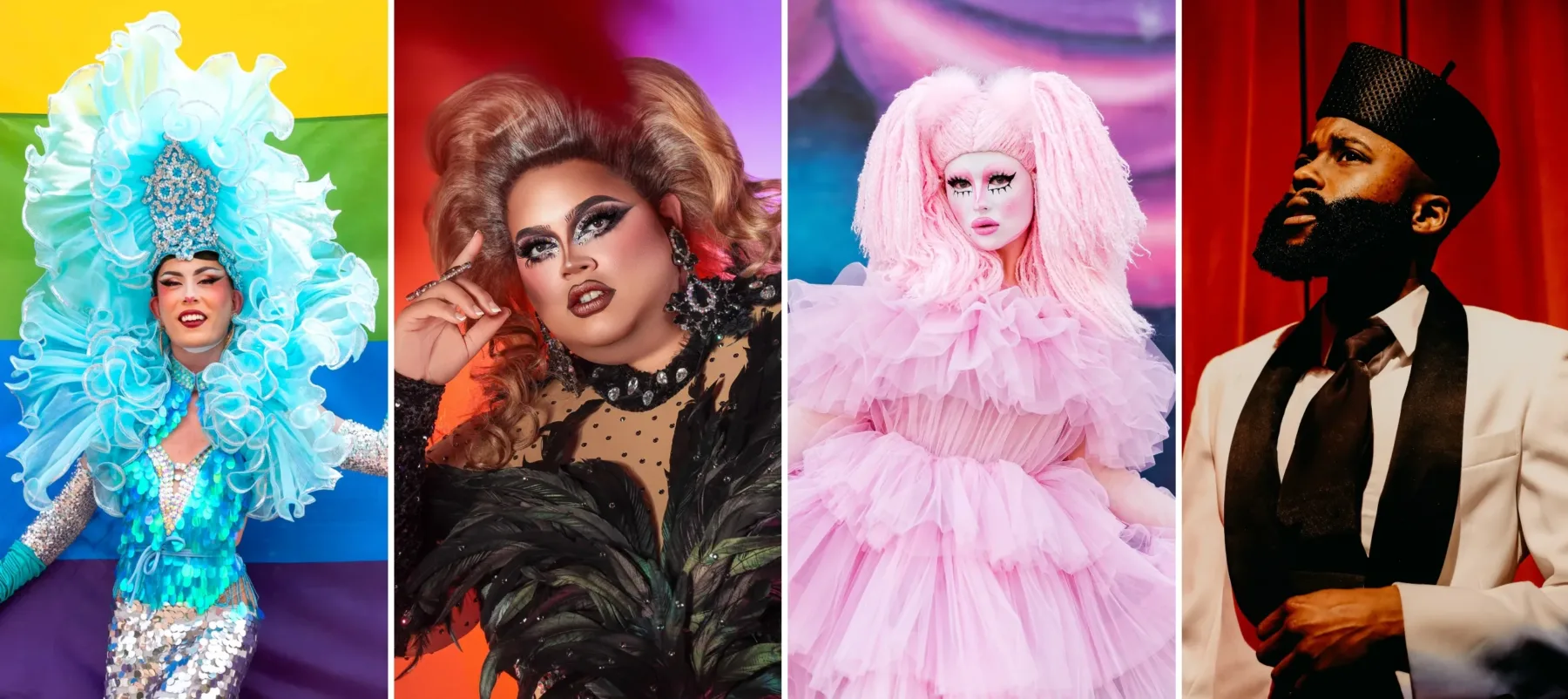 Four individuals are pictured in a split-frame image. The person on the far left stands in front of a rainbow flag wearing a bright blue costume with sequins and a large headpiece with many layers. The person next to the far left stands in front of a magenta and orange backdrop wearing a black costume with feathers and jewels. The person second from the right wears a pale pink costume with many layers and has on a large pink wig made of yarn. The person on the far right stands in front of a red draped background and wears a white and black suit, with a black tie, and a plain black hat.