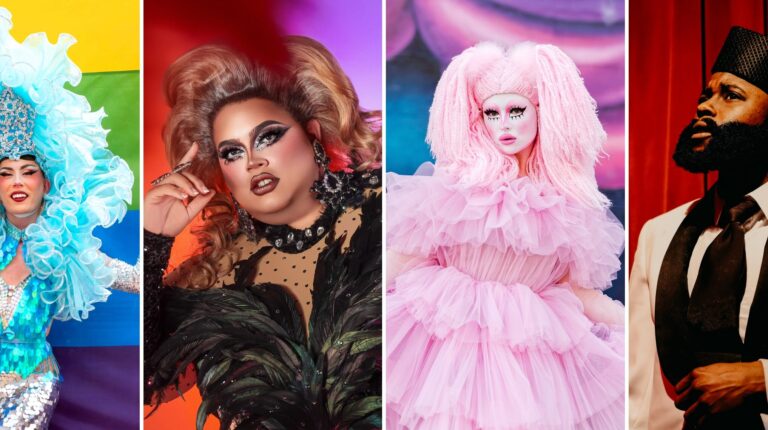 Four individuals are pictured in a split-frame image. The person on the far left stands in front of a rainbow flag wearing a bright blue costume with sequins and a large headpiece with many layers. The person next to the far left stands in front of a magenta and orange backdrop wearing a black costume with feathers and jewels. The person second from the right wears a pale pink costume with many layers and has on a large pink wig made of yarn. The person on the far right stands in front of a red draped background and wears a white and black suit, with a black tie, and a plain black hat.