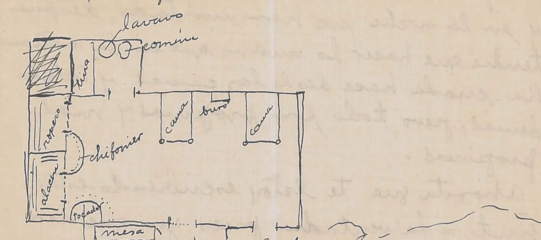 Handwritten letter on yellowed paper with architectural drawing.