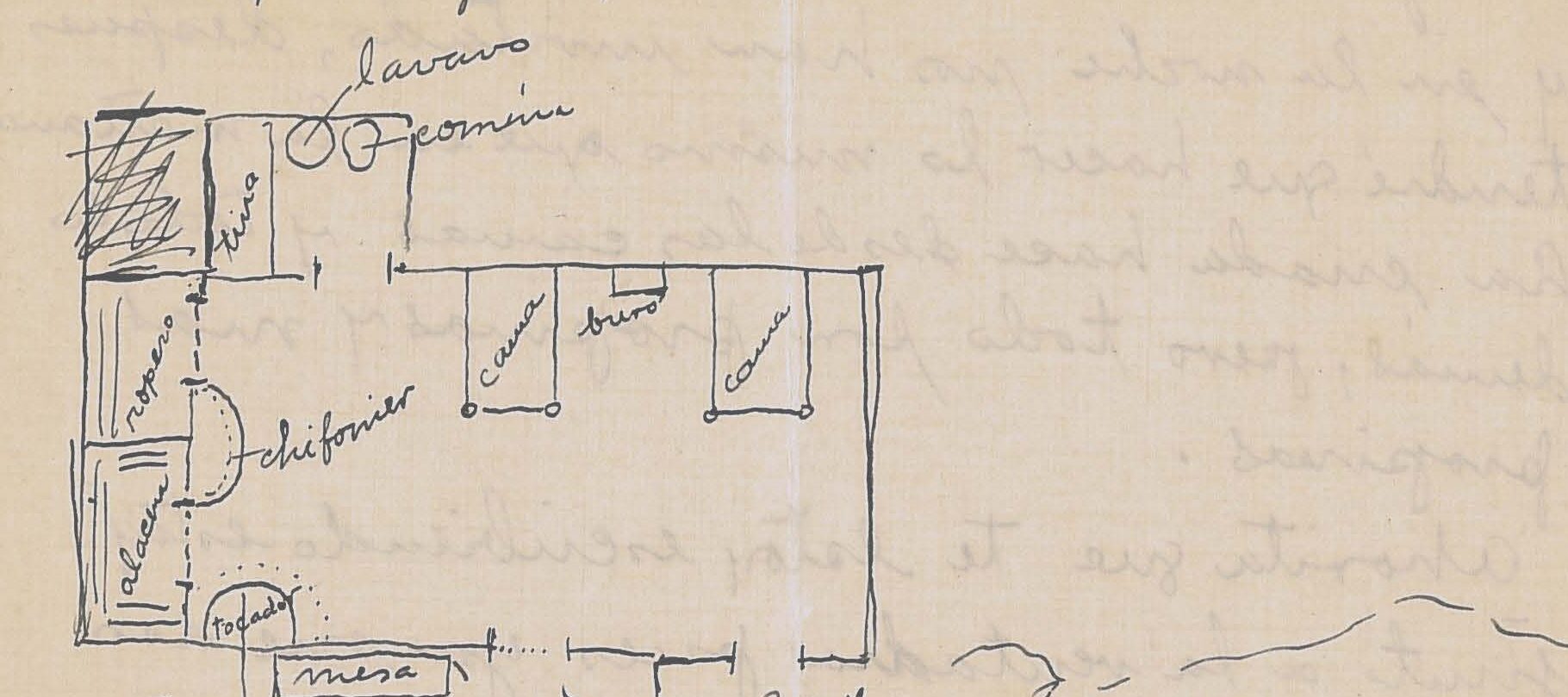 Handwritten letter on yellowed paper with architectural drawing.