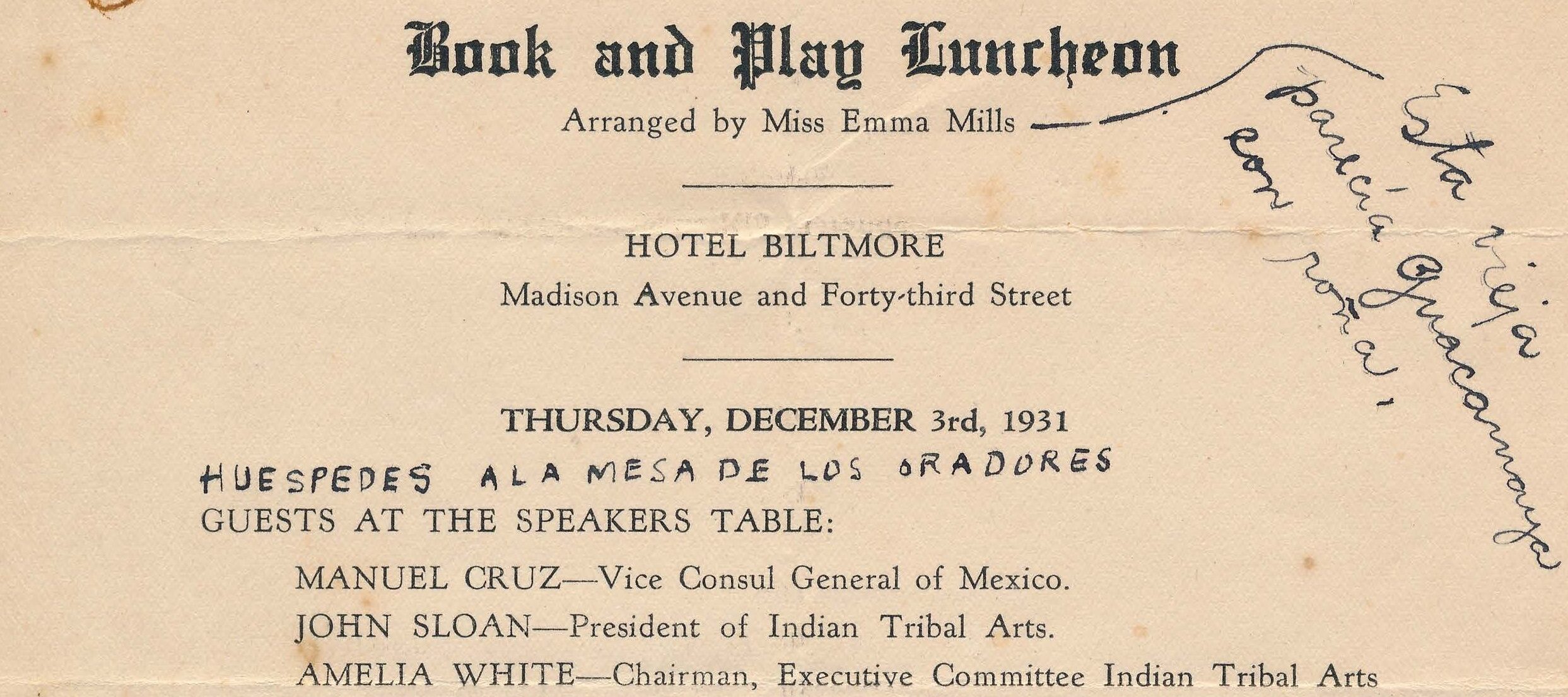 Page from "Book and Play Luncheon" with "Senora Diego Rivera" starred as a guest at the speakers' table and a handwritten annotation.
