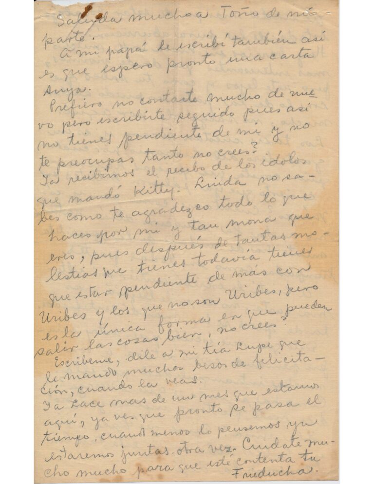 Handwritten letter on yellowed paper with brown staining.