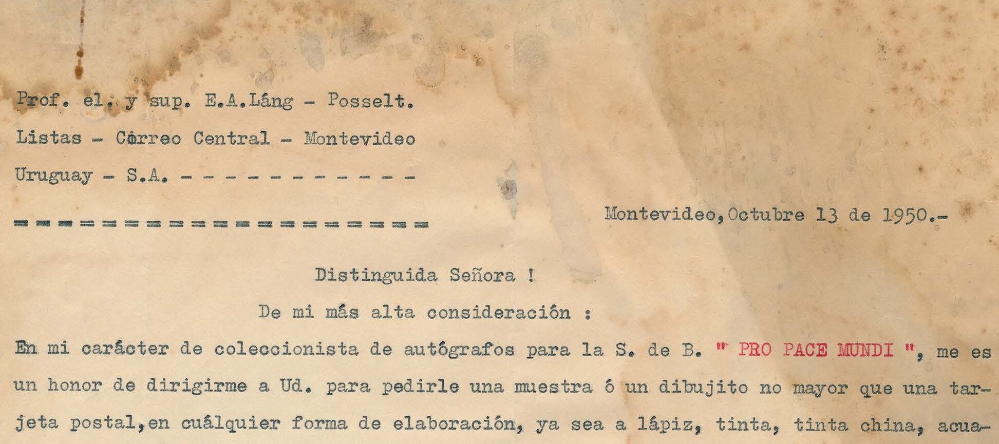 Typewritten letter on yellowed paper with brown stains. "Pro pace mundi" is written in all caps and in red ink.