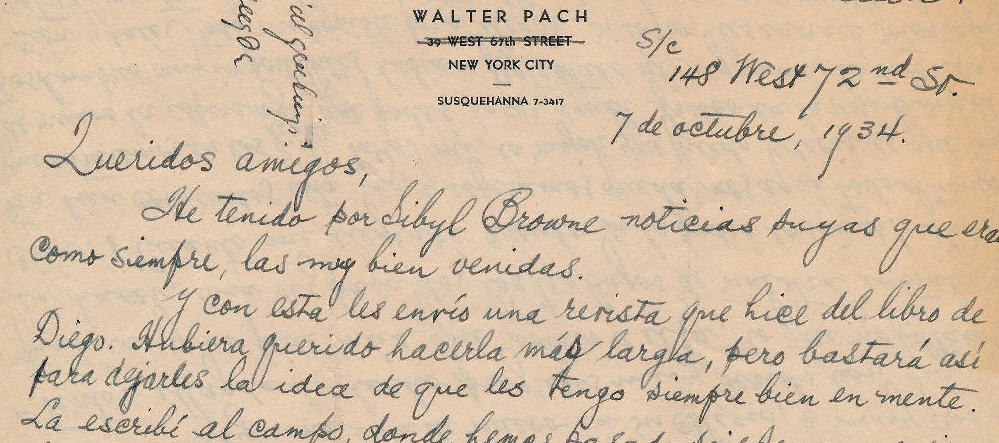 Handwritten letter on yellowed paper with a personalized letterhead.