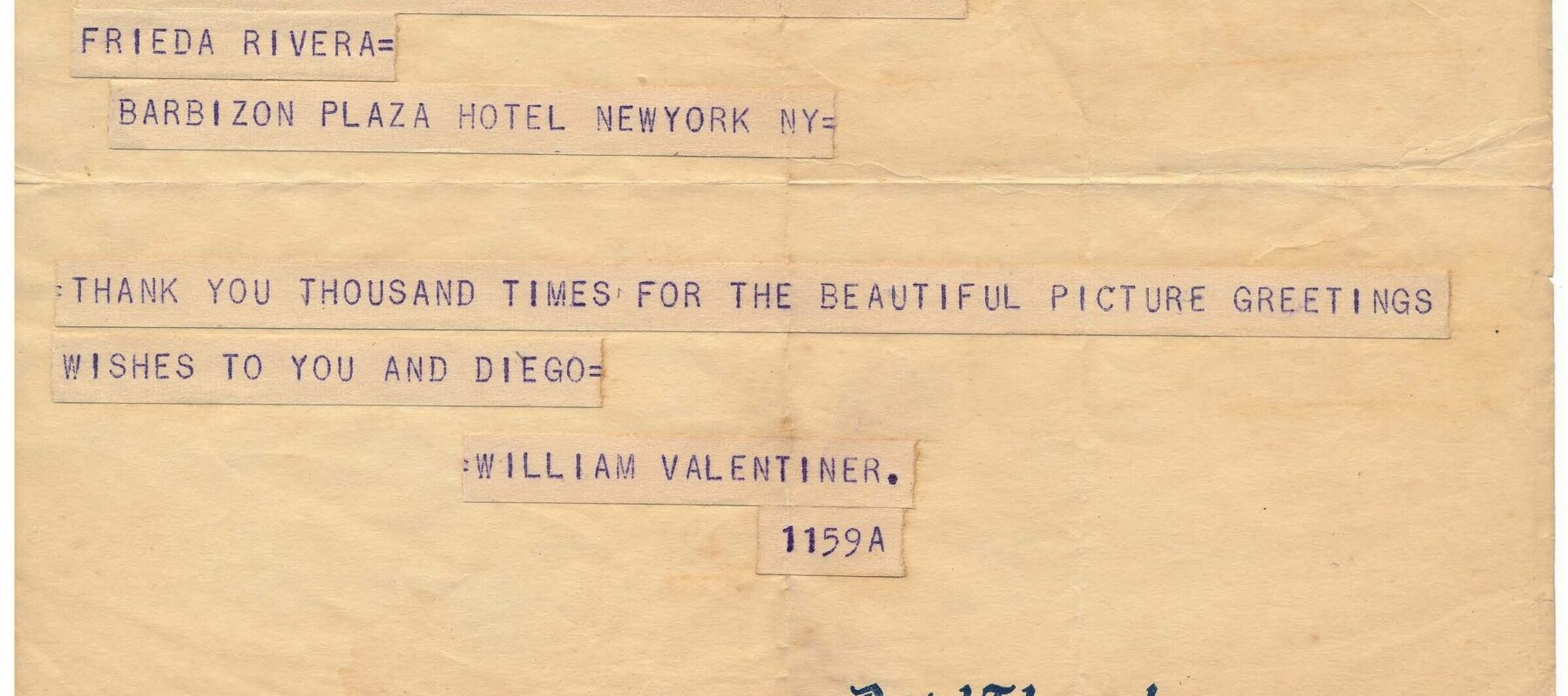 Telegram on yellowed paper with typewritten text in blue and blue letterhead. The letterhead has three distinct sections: in the center, there's a graphic of the globe in an inverted triangle, on the left is a box with preprinted information with receipt information rubber stamped in, on the right is a box with the following preprinted information: POSTAL TELEGRAPH, THE INTERNATIONAL SYSTEM, [Box with preprinted information] This is a full rate Telegram, Cablegram or Radiogram unless otherwise indicated by signal in the check or in the address. DL DAY LETTER NL NIGHT LETTER NM NIGHT MESSAGE LCO DEFERRED CABLE NLT NIGHT CABLE LETTER WLT WEEK END CABLE LETTER RADIOGRAM" Form 16 Written underneath telegram: Telephone Your Telegrams to Postal Telegraph.