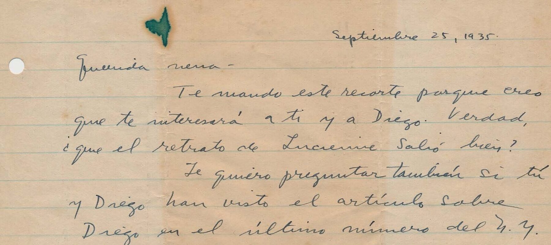 Handwritten letter on lined yellowed paper with a green stain on the top of the page.