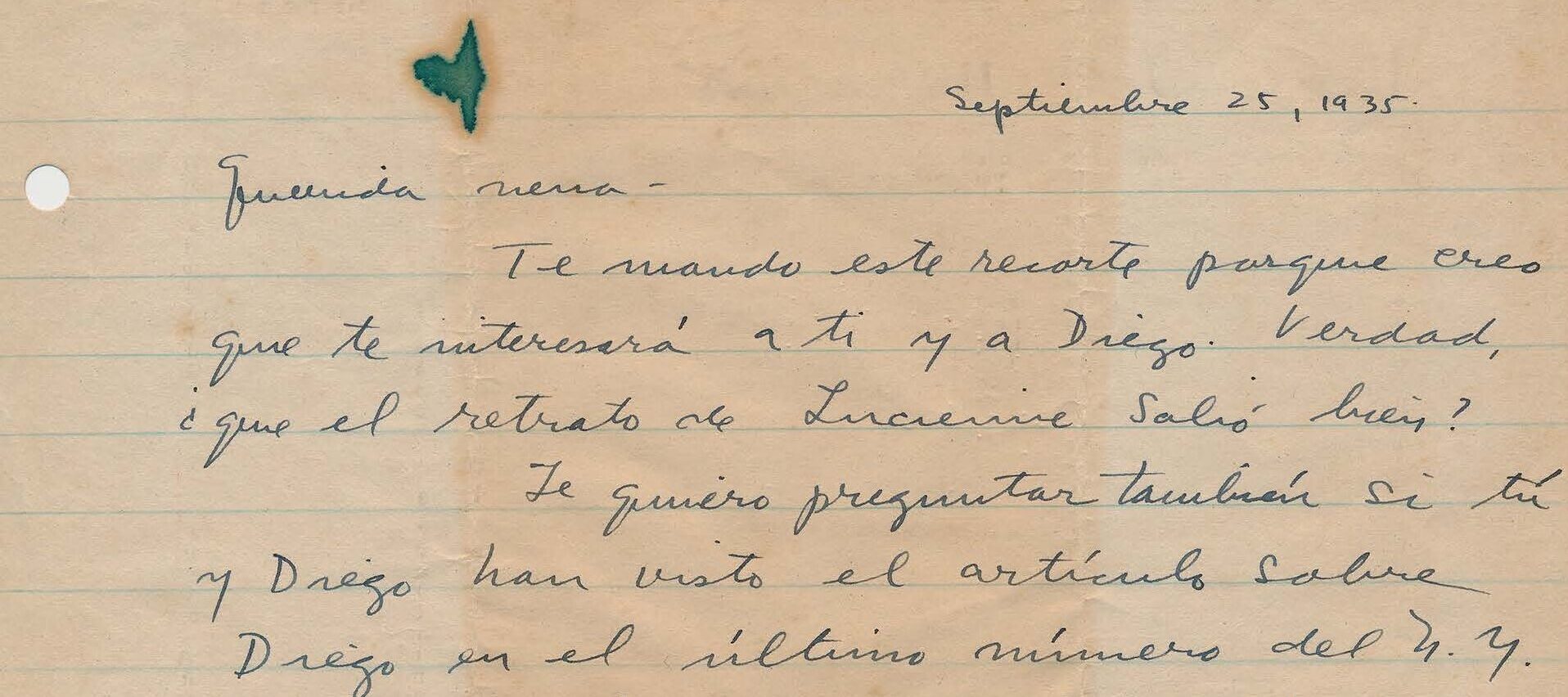 Handwritten letter on lined yellowed paper with a green stain on the top of the page.