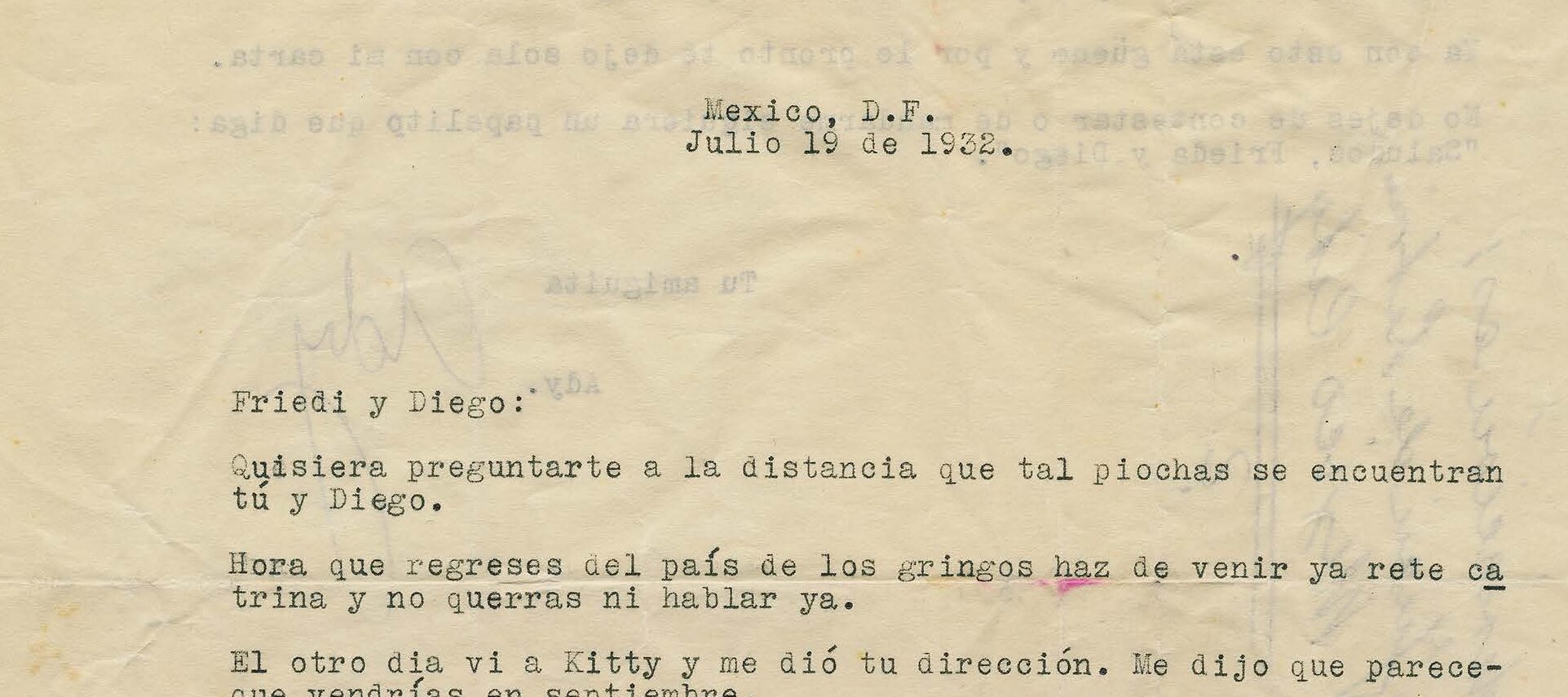 Typewritten letter on yellowed paper with a red stain.