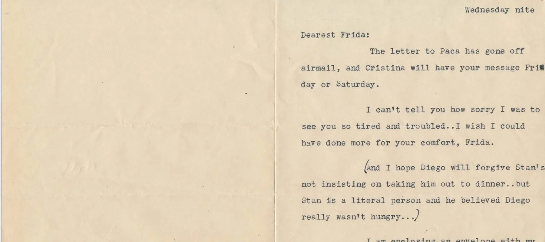 Typewritten letter on a yellowed folded notecard.