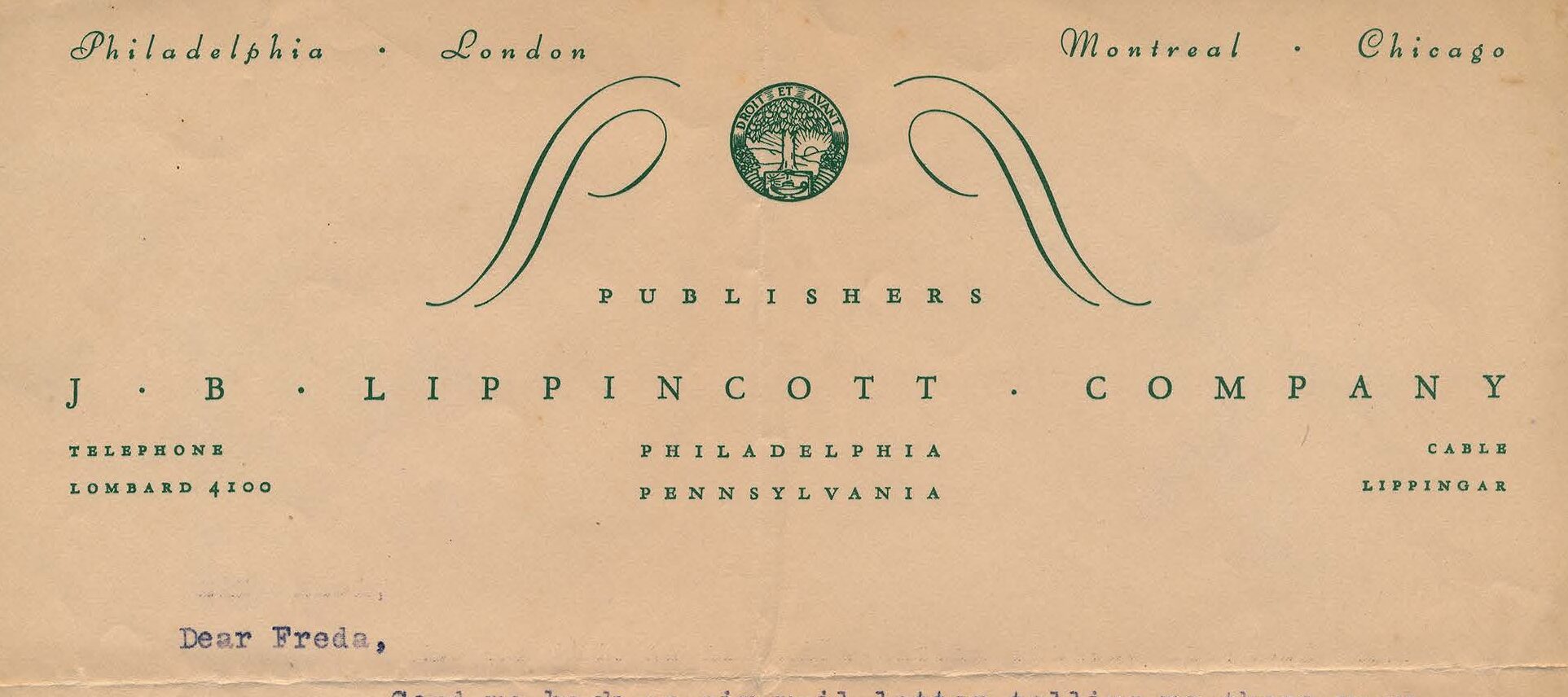 Typewritten letter on yellowed stationery paper. The letterhead reads: Philadelphia . London Montreal . Chicago. There is a graphic of tree, sunrise, and words "DROIT ET AVANT". PUBLISHERS: J . B . LIPPINCOTT . COMPANY, TELEPHONE PHILADELPHIA CABLE, LOMBARD 4100 PENNSYLVANIA LIPPINGAR.