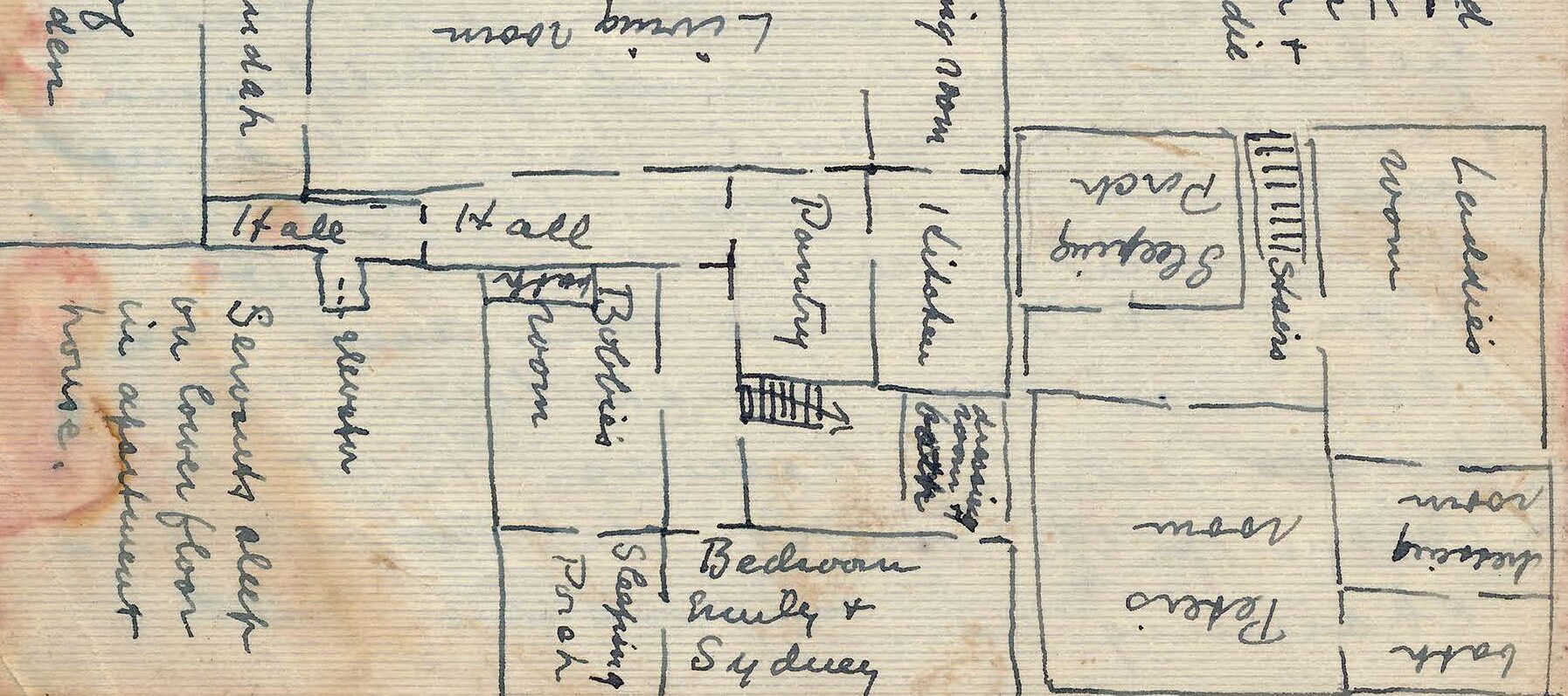 Handwritten letter on yellowed paper with an architectural drawing at the bottom.