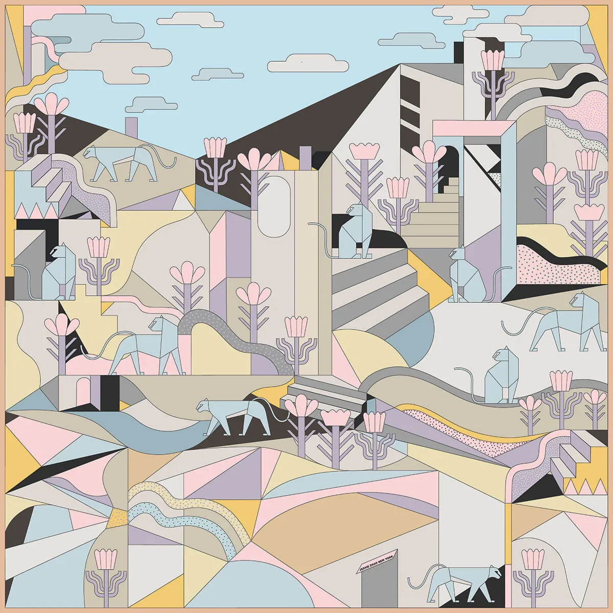 A scarf features a geometric surreal landscape. There are cheetahs and big cats sitting and walking. Flowers resemble desert blooms. The color palette is muted and pastel.