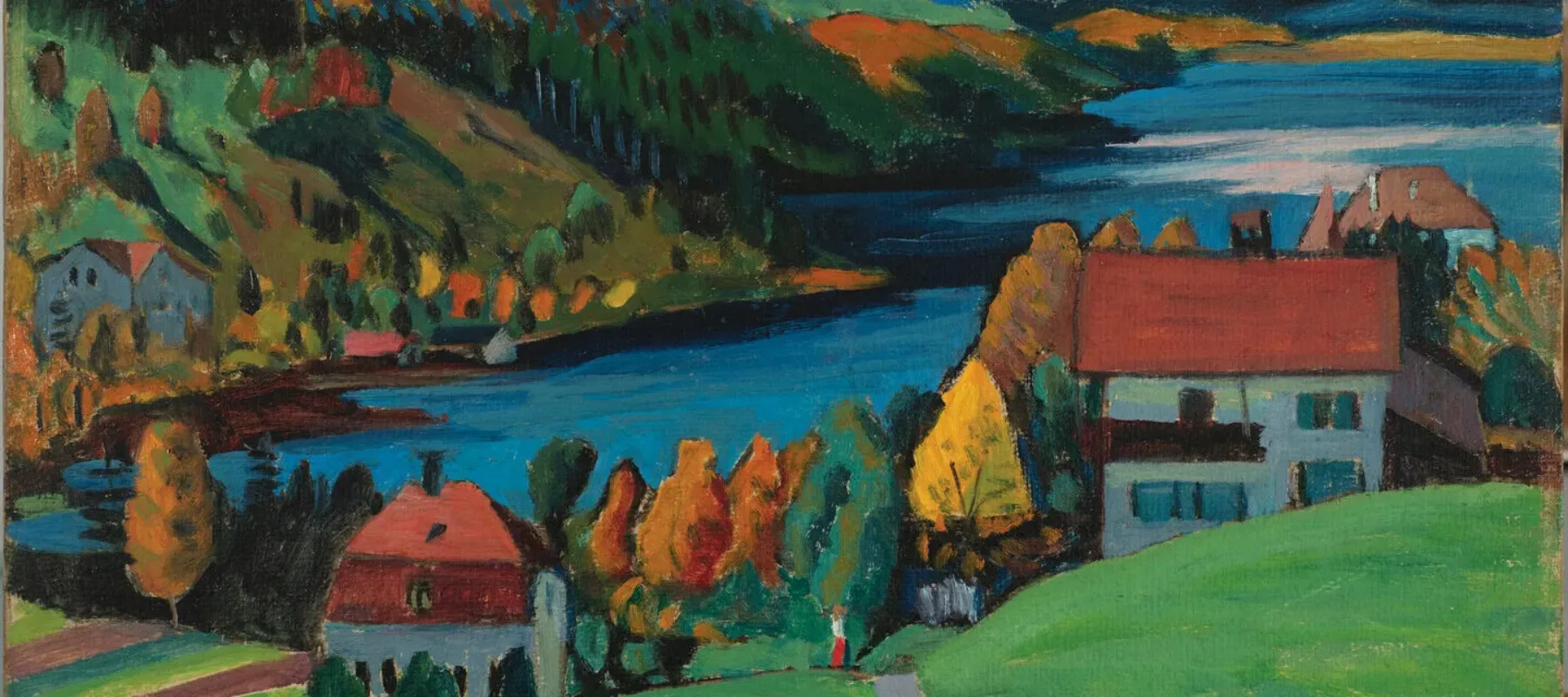 An Expressionist oil painting depicting a large lake nestled into a mountainous landscape. There is a forest of trees with red, yellow, and orange leaves. On the far shore of the lake are houses and other buildings. In the foreground, a single sheep is grazing in front of two houses.
