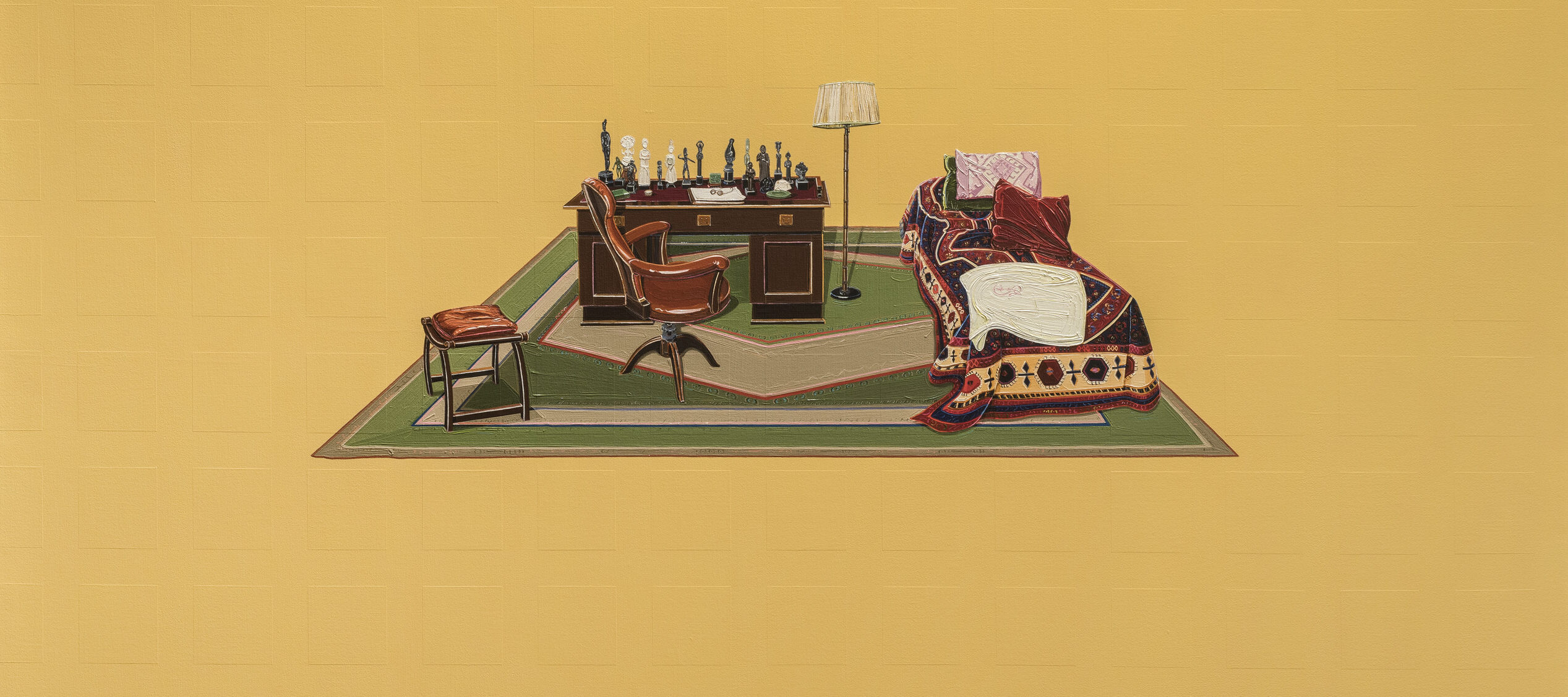 In the middle of a mustard yellow canvas is a small painting of a wooden desk and brown chair. On the desk are various small figurines. A floor lamp and small bed are to the right. The bed is covered with pillows and an ornately designed comforter.