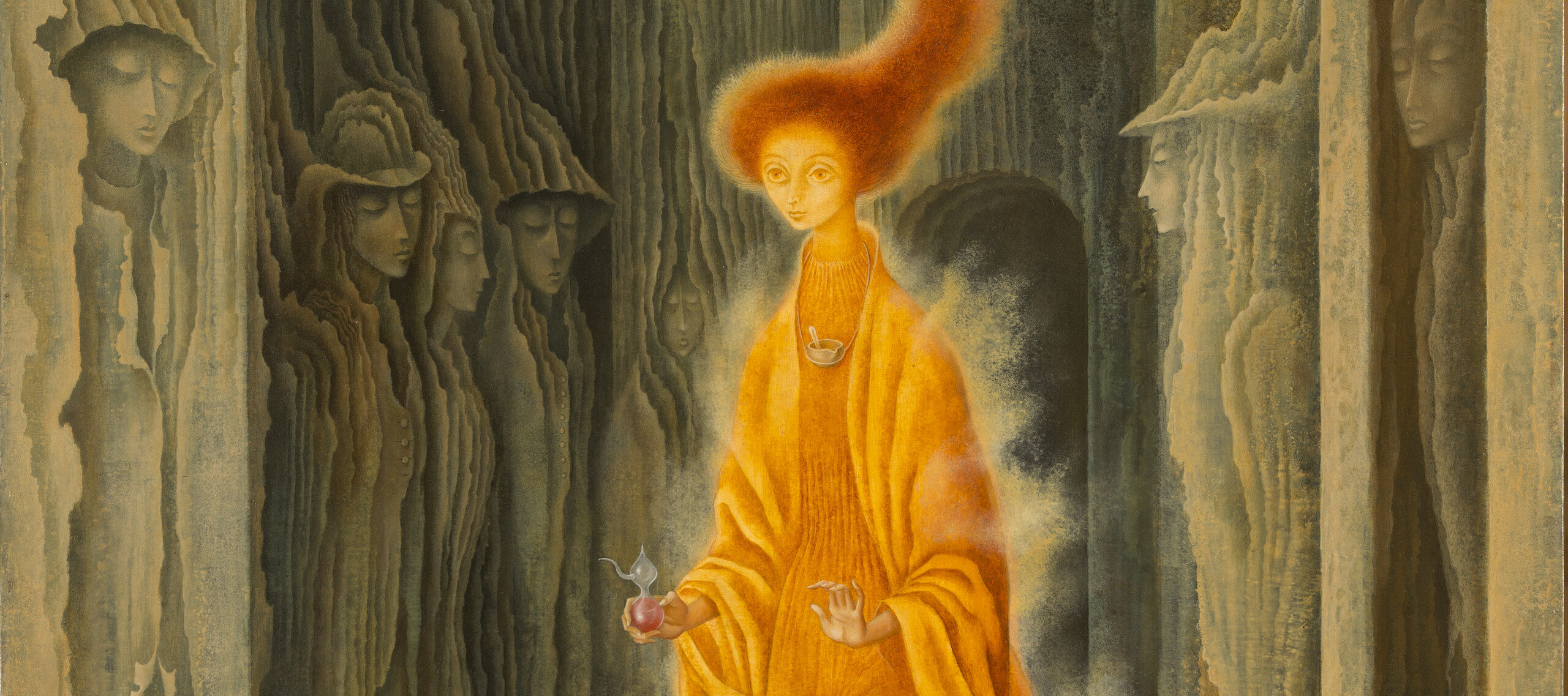 Rendered with precise brushwork, a tall, thin figure strides forward wearing flowing, orange garments emanating a misty golden aura. Her fiery red hair stretches heavenward, encircling a celestial orb. Figures appear encased in the walls of the concave structure surrounding her.