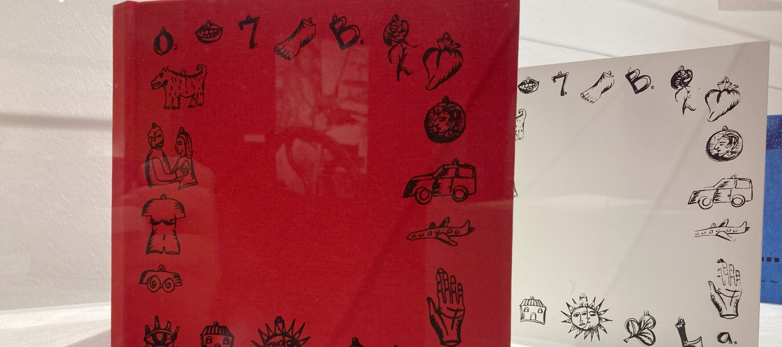 A book with a red cover hand-drawn black doodles of various objects and symbols on the cover. One white page of the book is visible with the same hand-drawn black doodles. The book is displayed in a gallery case upright on a white surface.
