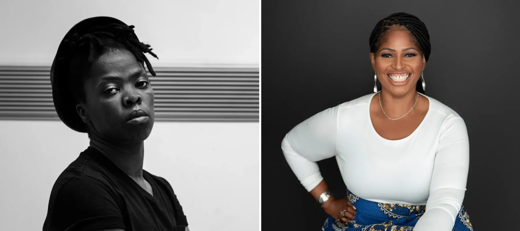 Two individuals are pictured in a split-frame image. The figure on the left is a black and white photo of a dark-skinned person crossing their arms and wearing a black t-shirt and brimmed hat. The figure on the right is dark-skinned with long earrings and wearing a white long sleeve shirt and a blue colorful skirt.