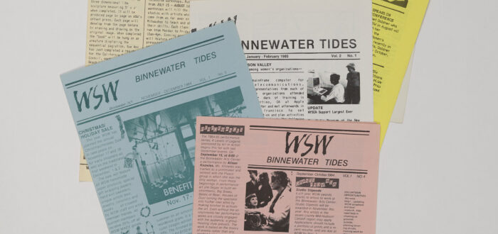 A collection of newsletters printed on light pink, blue, yellow, and white paper is arranged neatly on a white background.