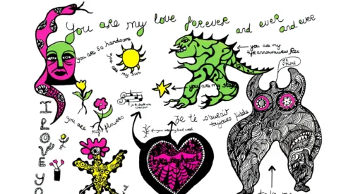 A female figure, dragon, snake, sun, star, flowers, and musical notes arranged among curving lines of text.