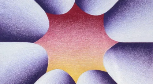 A lilac and red, abstract flower. The inner part in red and yellow looks like a sun, while the lilac leaves are reminiscent of mountains, stacked neatly around the sun.