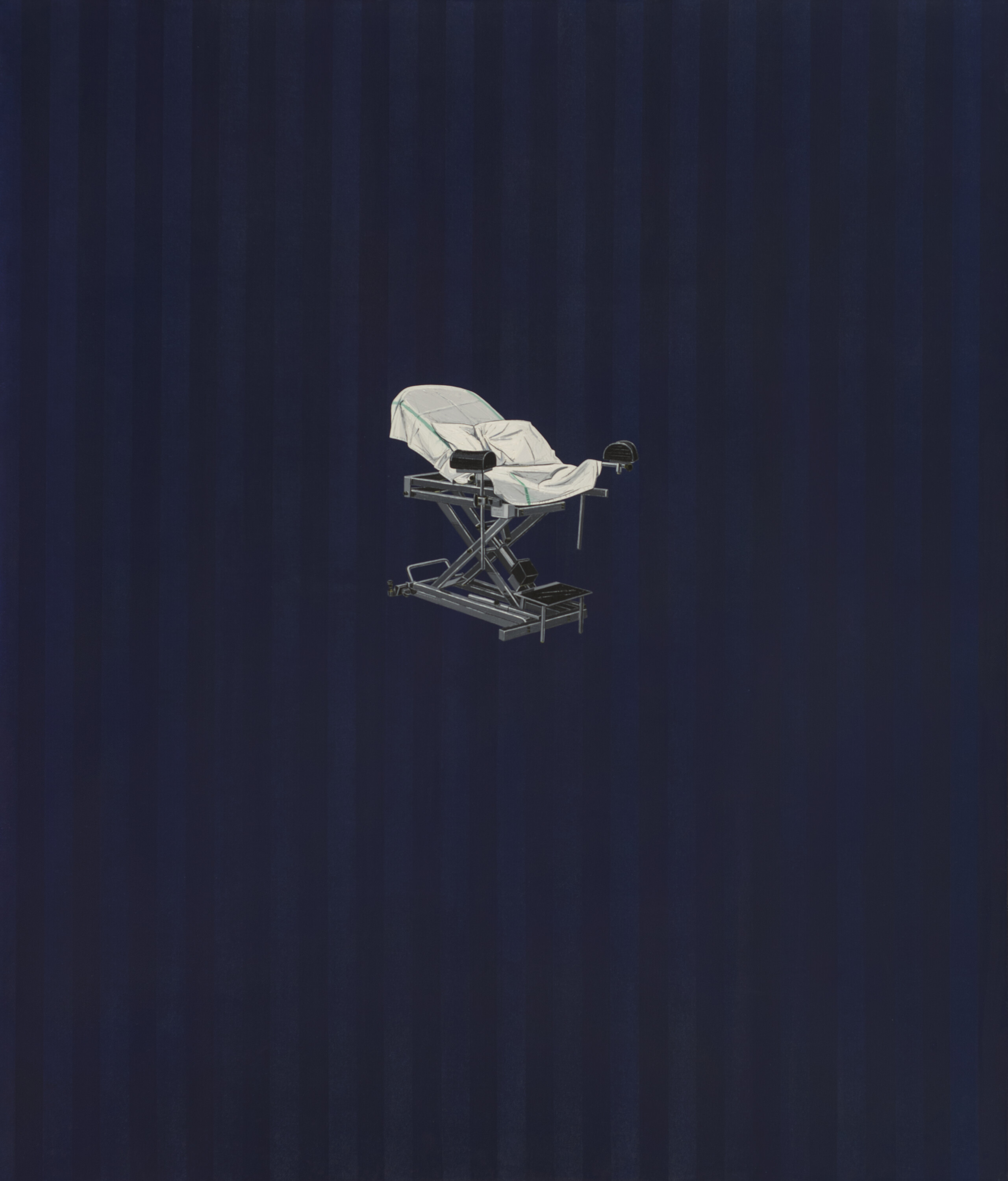 A small, yet realistically rendered medical examination table with stirrups, draped with a white sheet in front of a striped, navy blue background.