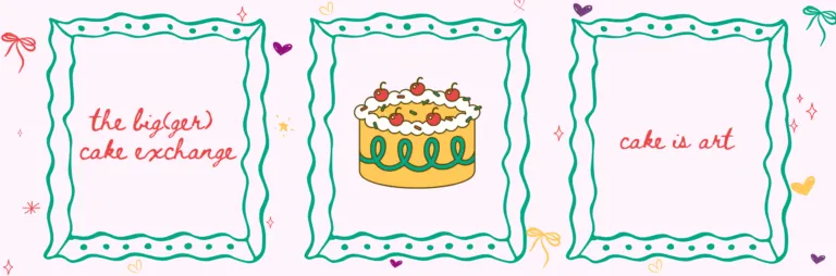 3 drawn green picture frames with the center frame including a hand drawing of a yellow cake with green and white frosting decorations. The background has whimsical hand drawn bows, hearts, and stars.