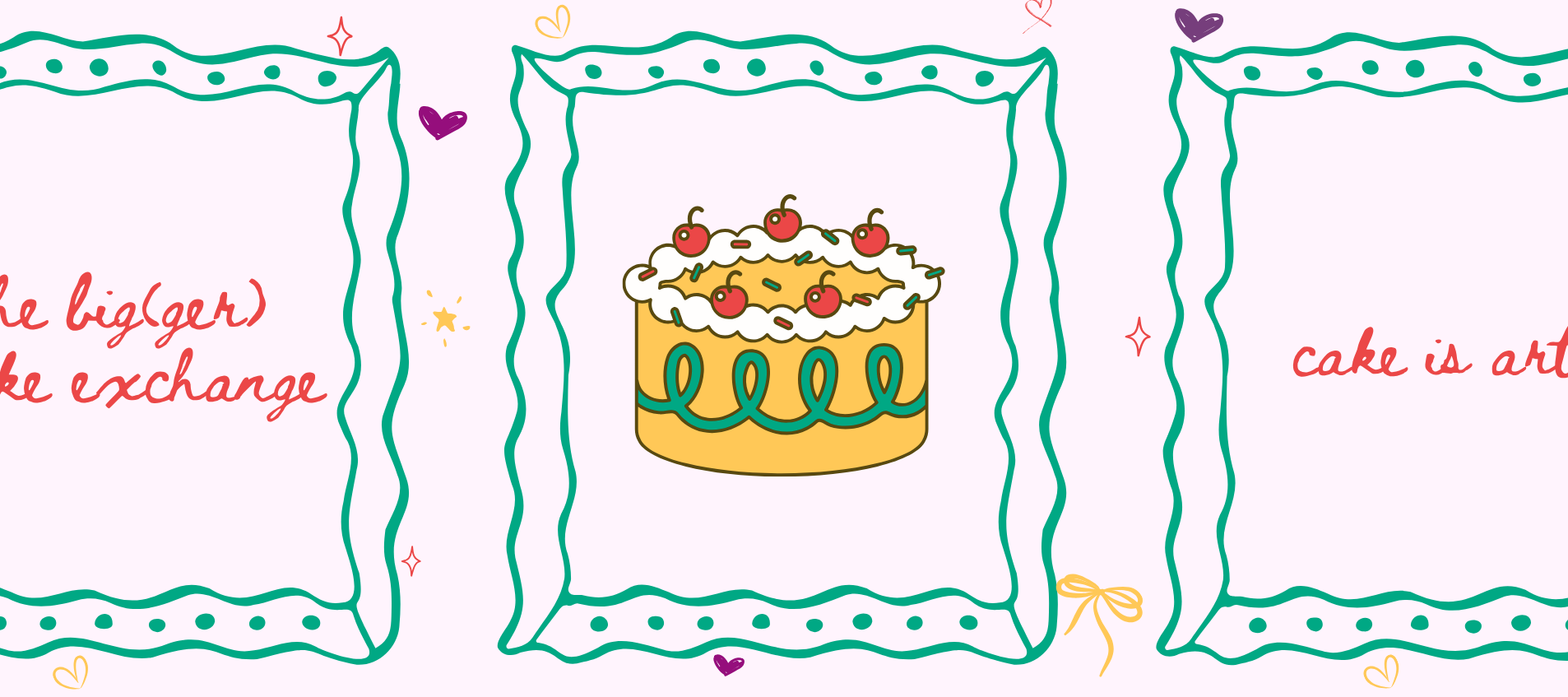 3 drawn green picture frames with the center frame including a hand drawing of a yellow cake with green and white frosting decorations. The background has whimsical hand drawn bows, hearts, and stars.