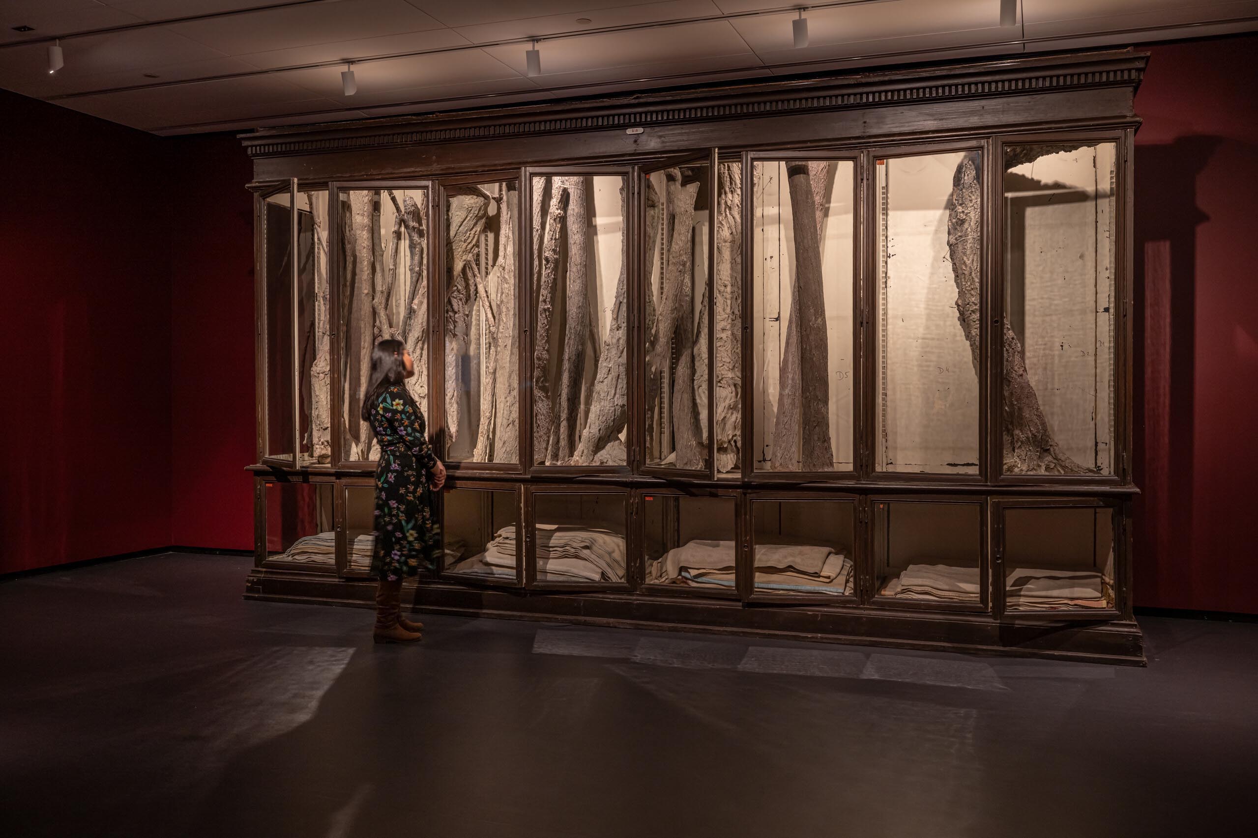 A woman in a black dress stands alone in a dimly lit art gallery space looking at a large art installation of a glass display case filled with trees.