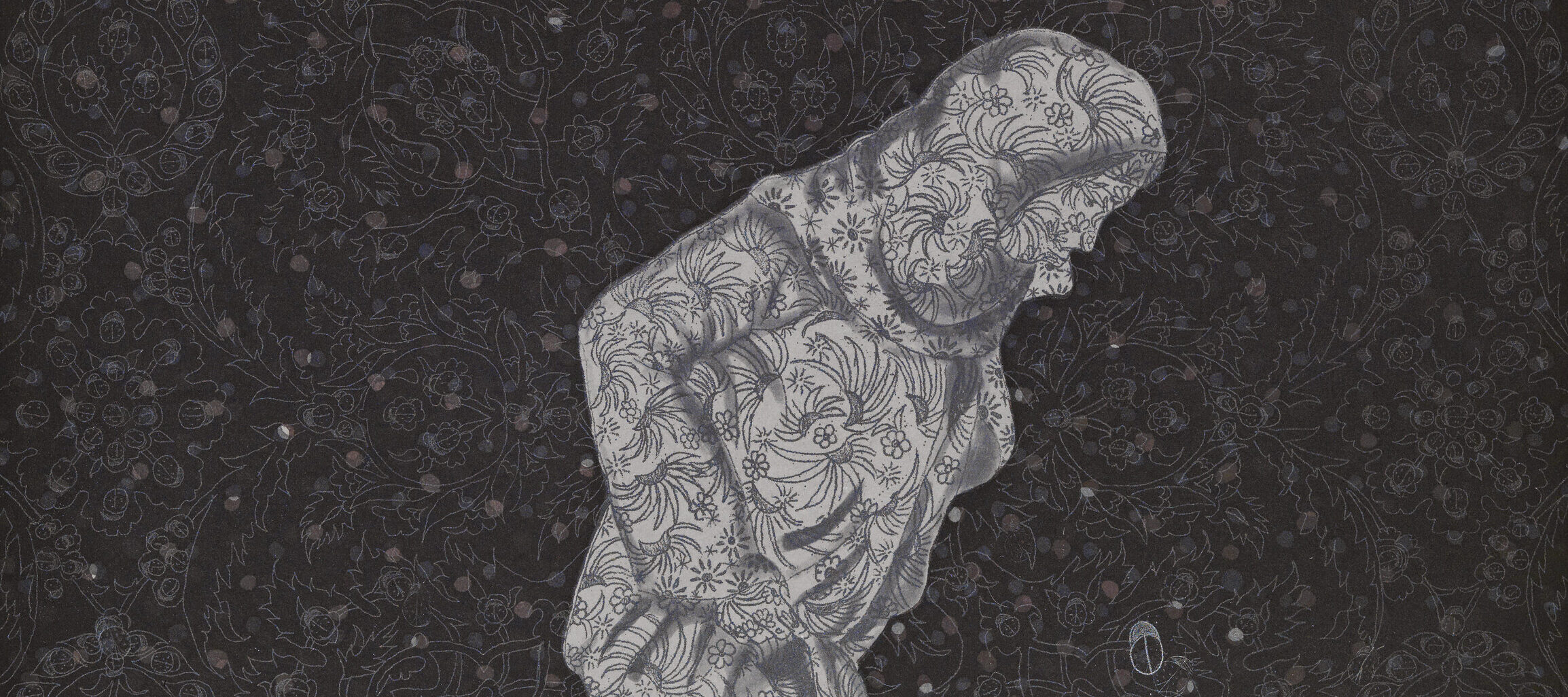 A woman's figure made of white and silver designs is contrasted against a black background. The woman's feet dissolve into a white circular pattern. The background has small intricate designs throughout.